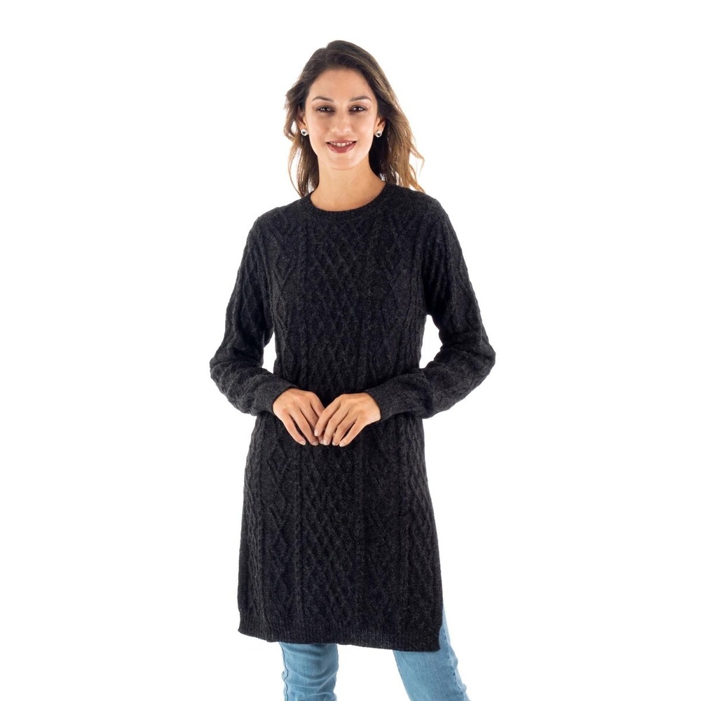 Novica Tunic Sweater Dress L Charcoal Alpaca Long Line Diamond Knit Boho Artisan